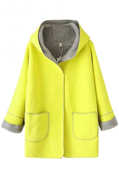 Plain Hooded Open Front Pockets Sherpa Woolen Coat