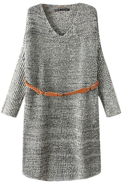 Plain Long Sleeve Dress Style Sweater with V-Neckline and Belt