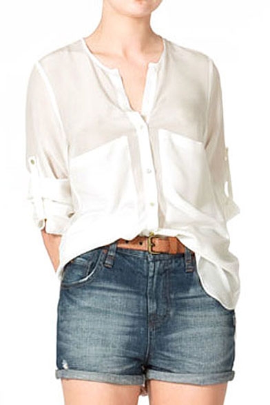 Plain V-Neck 1/2 Sleeve Loose Shirt with Double Pocket Front