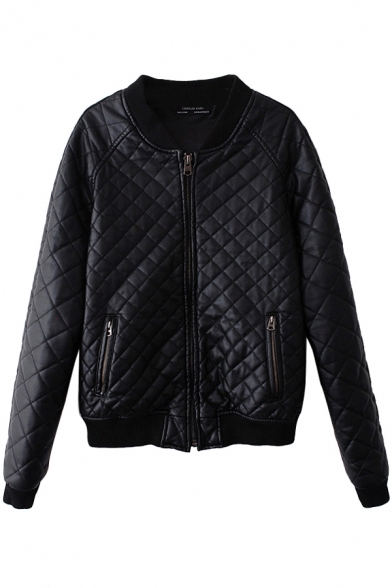 Quilted Zipper Fly PU Jacket with Stand Collar and Zippered Pockets Front