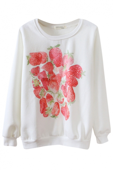 Round Neck Fresh Strawberry Print Long Sleeve Sweatshirt