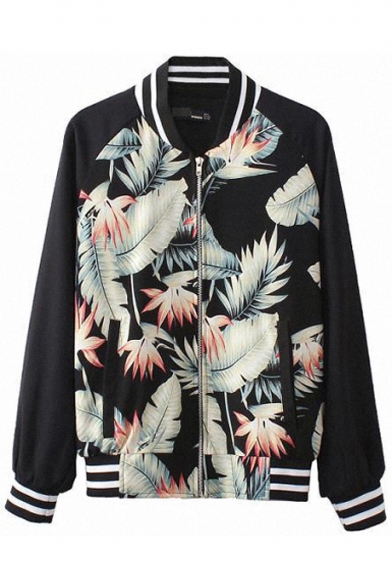 Stand Collar Tropical Style Print Coat with Striped Trims