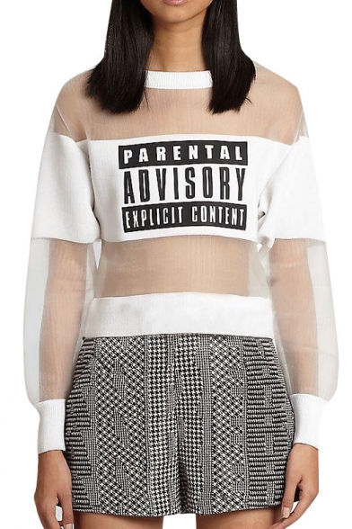 Trendy Letter Print Sheer Panel Round Neck Long Sleeve Cropped Sweatshirt