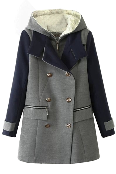 Two Piece Style Color Block Style Double-Breasted Hooded Coat with Notched Lapel