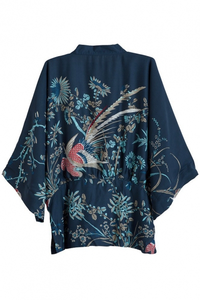 Vintage Floral Print Open-Front 3/4 Sleeve Kimono - Beautifulhalo.com
