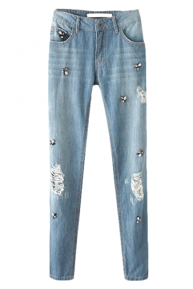 Beaded Floral Distressed Light Wash Pencil Jeans