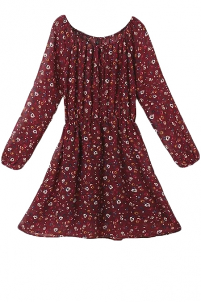 Floral Print Round Neck Long Sleeve Babydoll Dress with Elastic Waist
