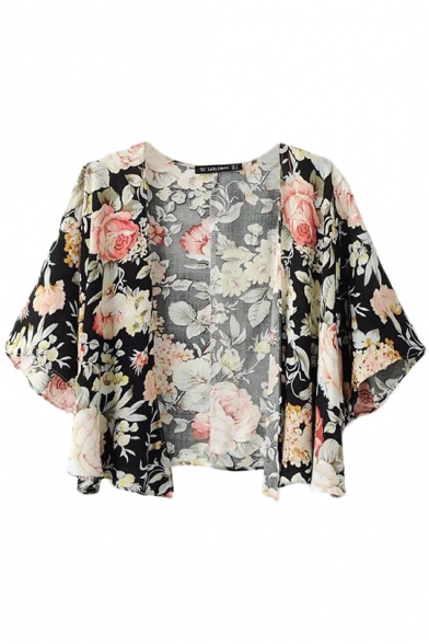 Fresh Flower Print 3/4 Sleeve Cropped Kimono