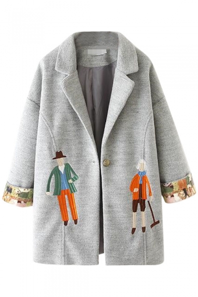 Off-White Background Human Embroidered and Castle Print Notched Lapel Wool Coat
