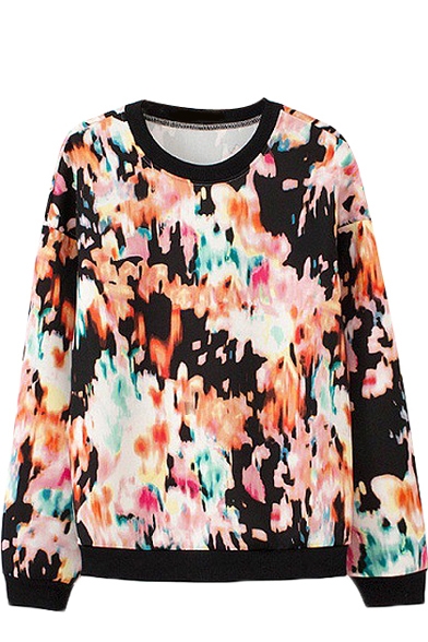 Ombre Floral Print Round Neck Long Sleeve Sweatshirt