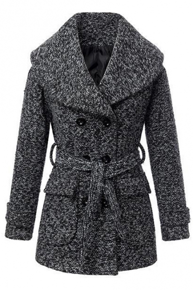 Oversized Collar Double-Breast Belted Fitted Woolen Coat