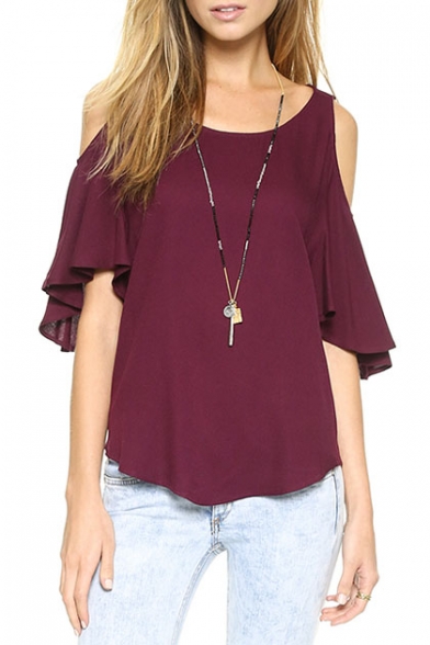 Plain Cold Shoulder Ruffled Sleeve Loose Top with Curved Hem