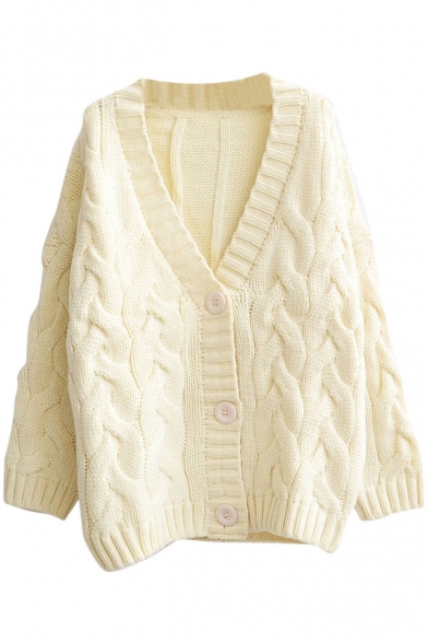 Plain V-Neck Batwing Cable Knitted Loose Cardigan