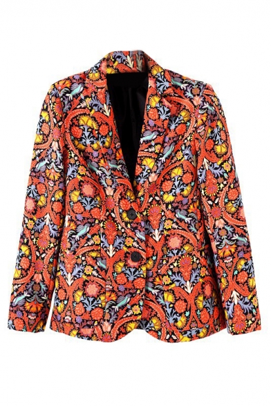 Red Cashew Print Notched Lapel Single-Breasted Blazer