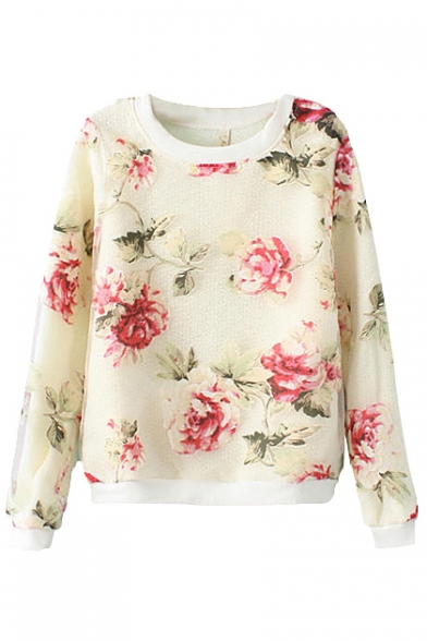 Rose Print and Organza Cover Long Sleeve Knitted Sweater with Round Neckline