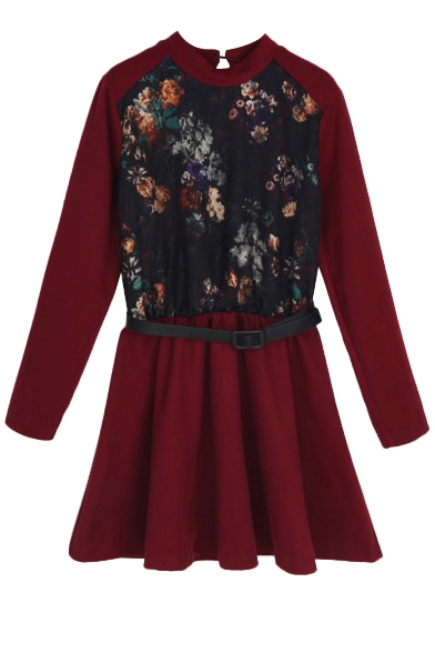 A-line Flower Print Dress with Draped Skirt and Belt