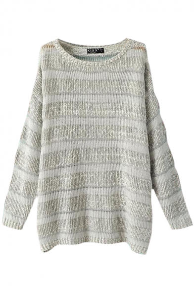 Gray Cut Out Open Knit Stripe Round Neck Long Sleeve Sweater