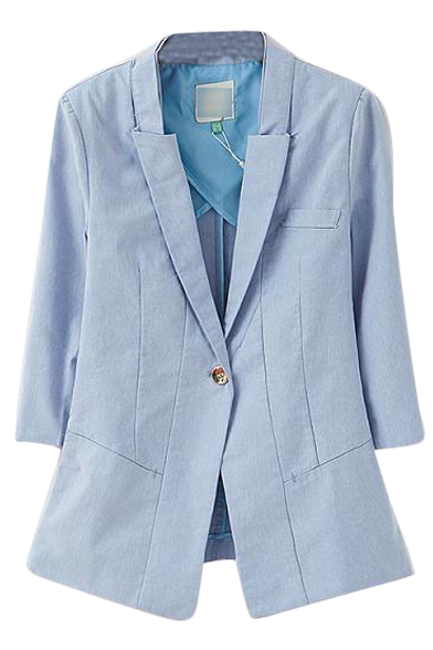 Light Blue Fitted Lapel Collar Single Button 3/4 Sleeve Blazer with Golden Buttons