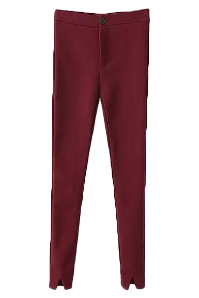 Plain Elastane Split Cuff Full Length Pants with Single Button and Added Hair