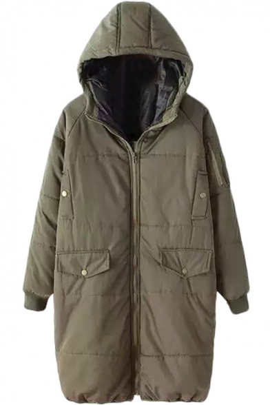 Plain Hooded Raglan Sleeve Tunic Coat with Pocket Front