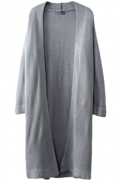 Plain Long Sleeve Longline Open Front Knitted Cardigan