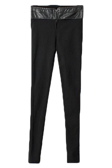 PU Panel High Waist Full Length Pants with Zipper Front