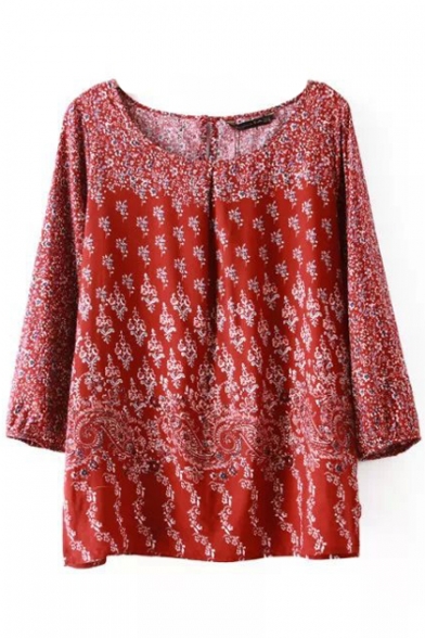 Red Round Neck Floral Print 3/4 Sleeve Pullover Blouse