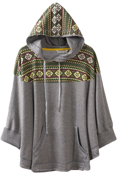 Sweatshirt Style Ethnic Print Hooded Coat with Batwing