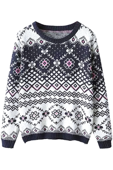 Vintage Geometric Jacquard Round Neck Long Sleeve Sweater