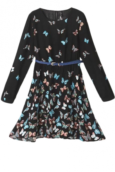 Butterfly Print Long Sleeve Round Neck Babydoll Dress with Belt