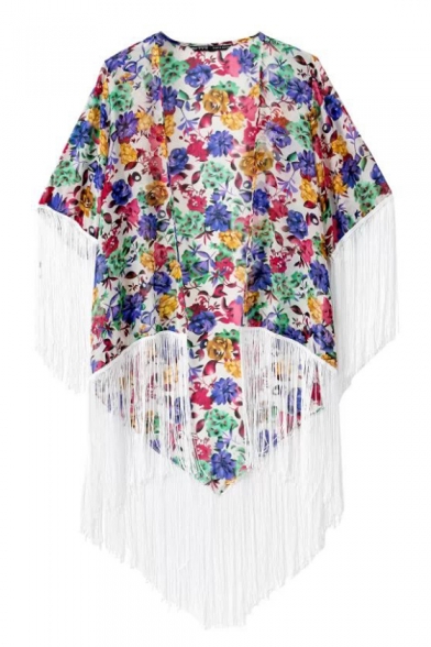 Colorful Floral Print Asymmetric Hem Tassel Short Sleeve Kimono