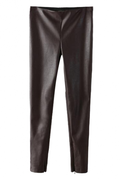 Elastic Waist Metallic Black PU Skinny Pants with Side Zipper