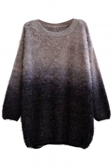 Elegant Ombre Round Neck Long Sleeve Mohair Sweater - Beautifulhalo.com