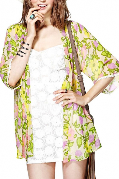 Floral Print Belted Open Front 1/2 Sleeve Kimono