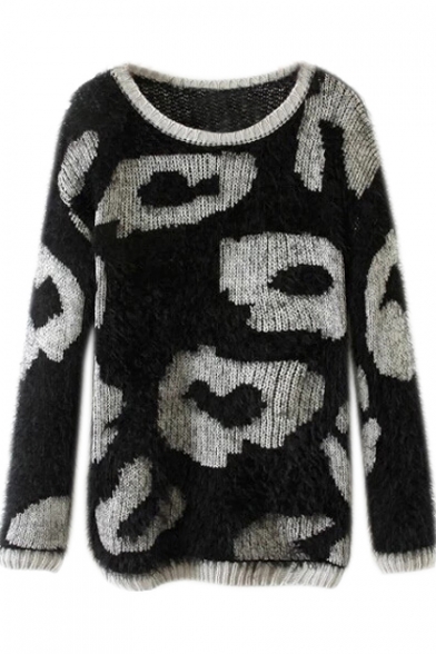 Leopard Print Round Neck Fluffy Knitted Sweater with Long Sleeve
