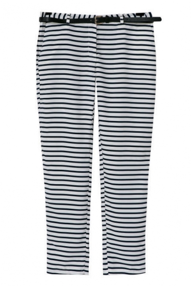 Mono Horizontal Stripes Print Straight Leg Pants with Belt
