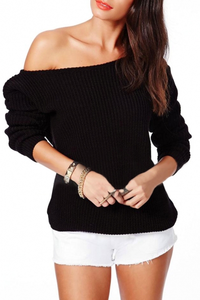 Plain Laid Back Long Sleeve One Shoulder Elastic Hem Sweater