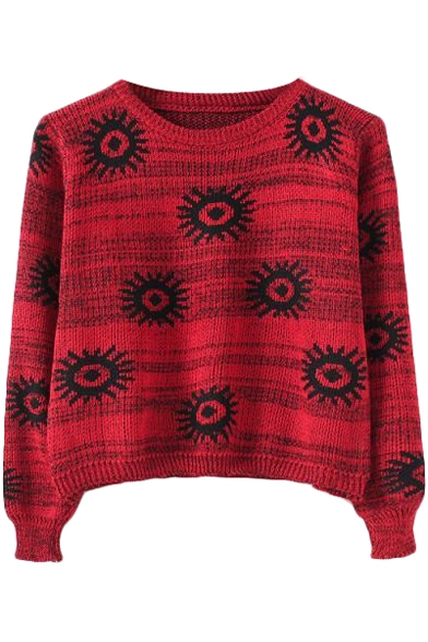 Sunflower Jacquard Round Neck Long Sleeve Cropped Sweater