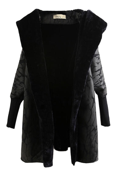 Black Camouflage Hooded Ribbed Cuff Open Front Coat