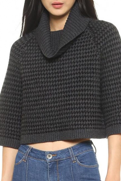 Black Roll Neck Plain Chunky Knit Raglan 3/4 Sleeve Cropped Sweater ...