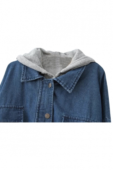 Blue Two Piece In One Hooded Drawstring Single-Breast Denim Coat with Vest