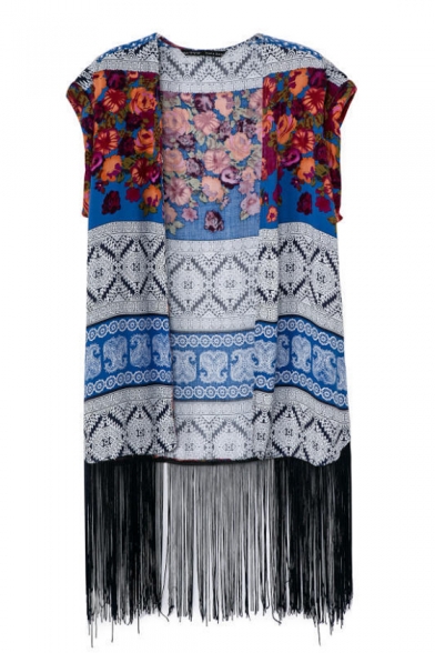 Bohemian Style Print Tunic Kimono with Tassel Hem - Beautifulhalo.com