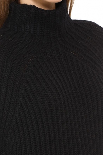 Boyfriend Style High Collar Black Chunky Knitted Column Midi Dress with ...