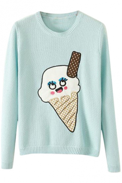 Candy Color Light Blue Cartoon Ice Cream Applique Round Neck Sweater