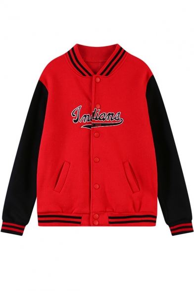 Classic Contrast Stripe and Letter Embroidered Baseball Jacket with Button Fly