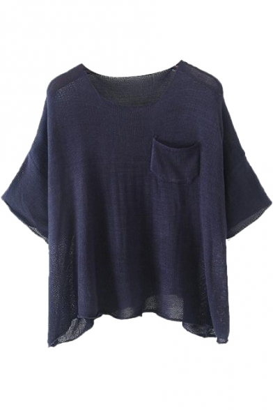 Cozy Sheer Plain Elbow Sleeve Sweater with Asymmetrical Hem and Small Pocket
