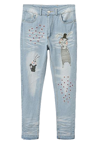 Embroidered Cartoon Rabbit Faded Loose Harem Jeans with Scratch
