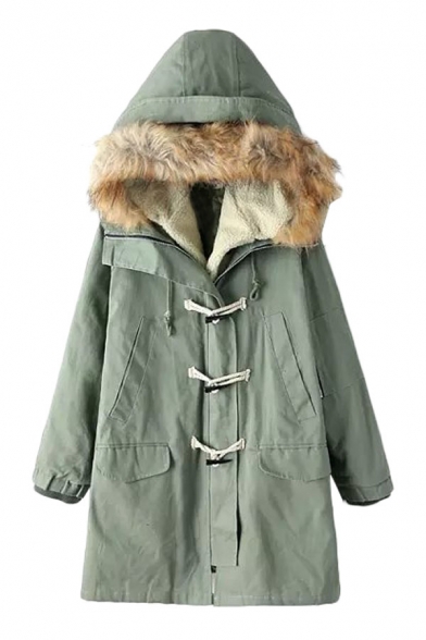 Hunter Green Horn Button Loose Cotton Coat with Fluffy Trim Hood