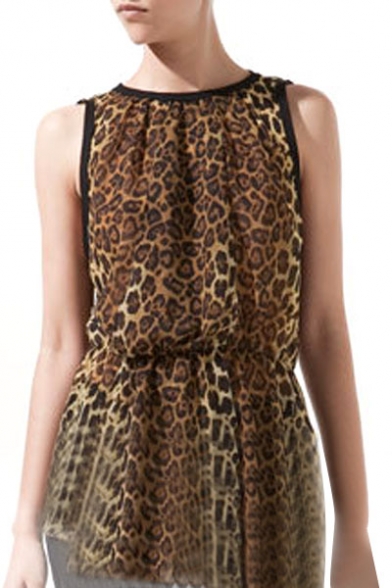 Leopard Print Sleeveless Gathered Waist Top with Contrast Trim