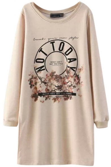 Nude Letter Floral Print Round Neck Long Sleeve Shift Dress